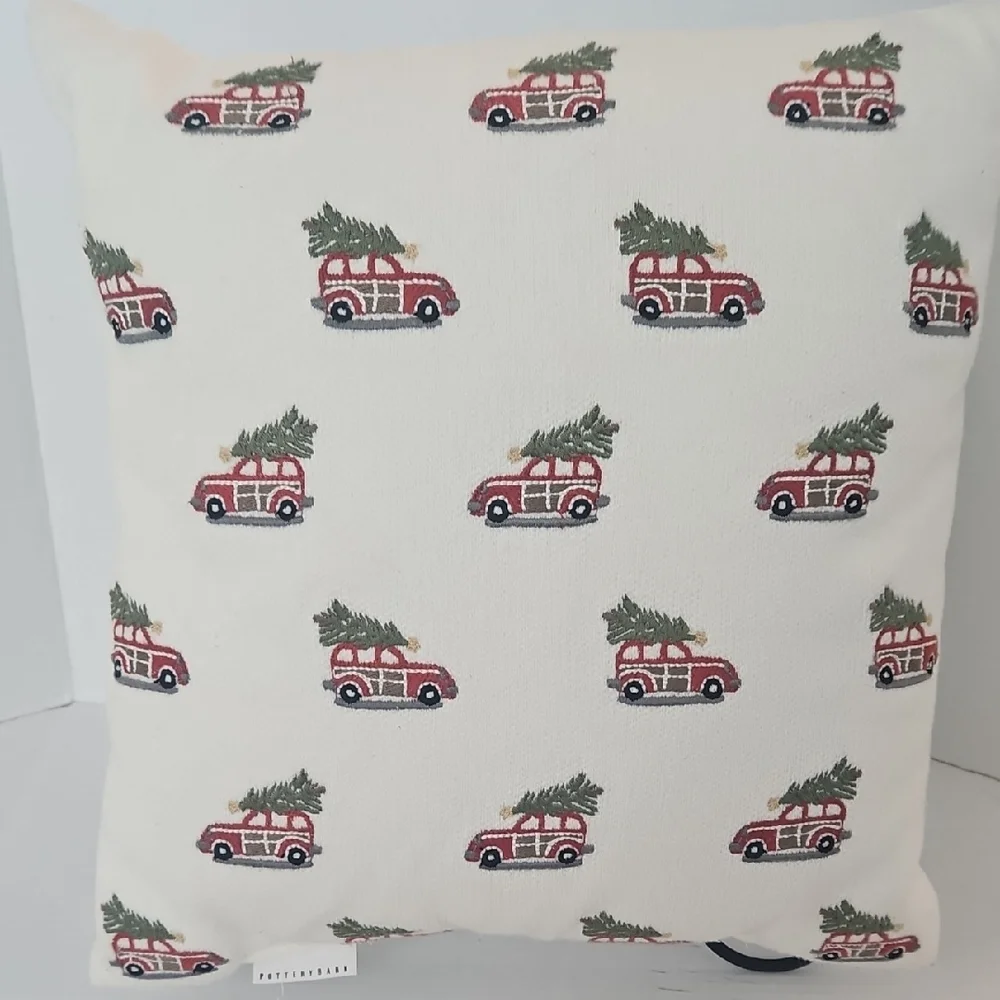 Pottery Barn Festive Red Mini Woody Car Green Trees Holiday Crewel Pillow
